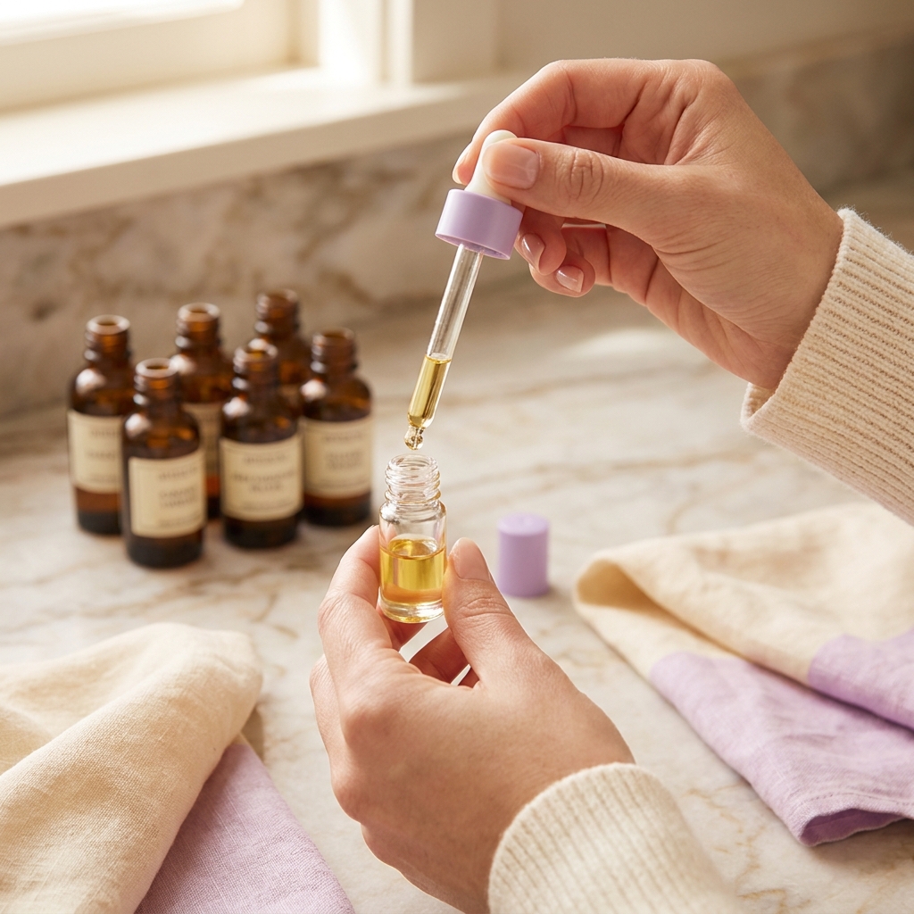 Hand-pouring perfume oil into a roll-on bottle