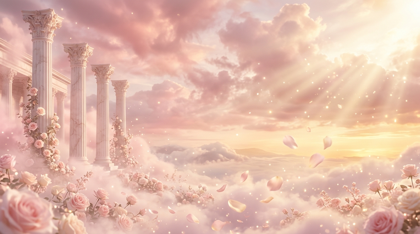 Sugar Cloud Scents atmospheric — pink clouds, roses, Greek pillars, golden god-rays